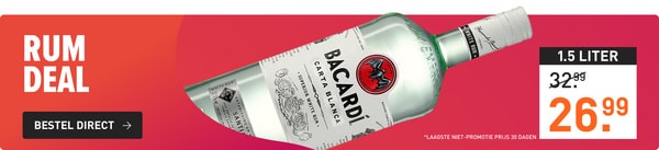 Rum deal: 1,5 liter bacardi carta blanca van &euro;32.99 nu voor &euro;26.99